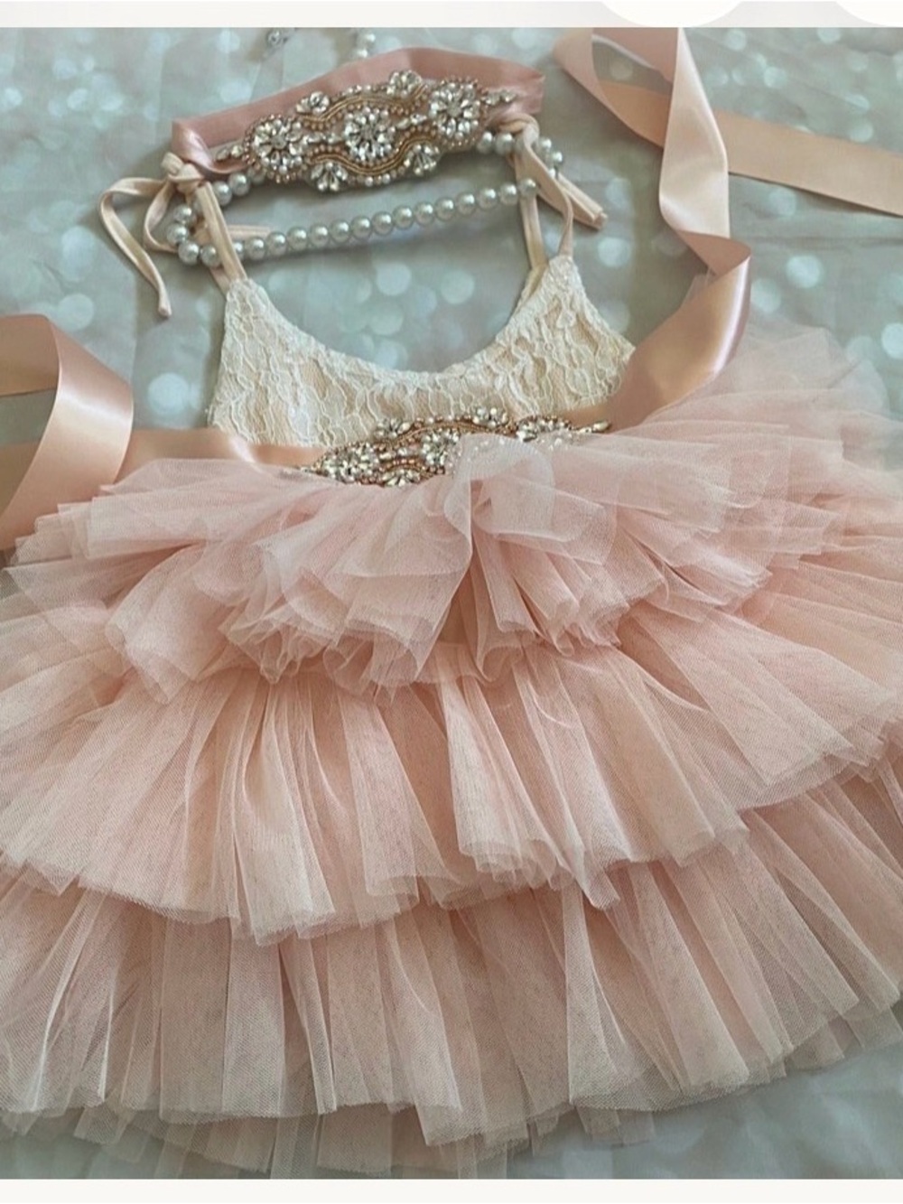 2T Girls Pink Tulle Lace Formal Dress with Beaded Waistband and Headband Set